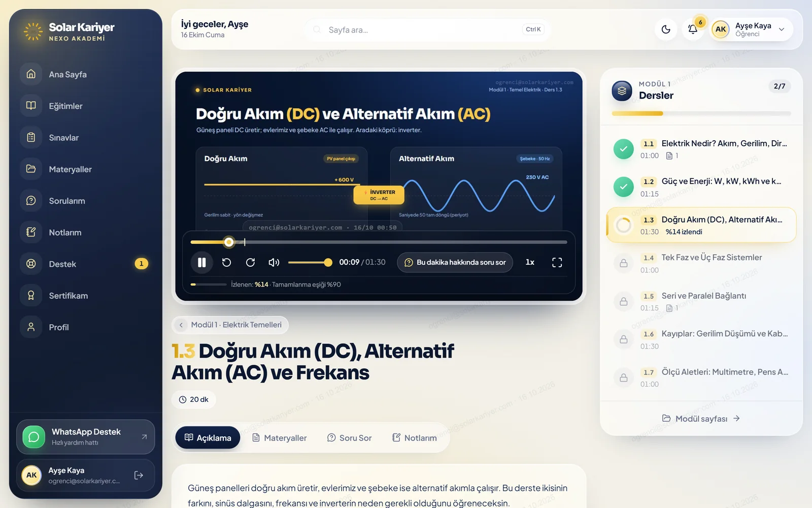 Online platformda ders izleme ekranı